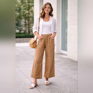 Tahari 100% Linen Wide Leg Pants Womens Small Pull On Elastic Waist Tan Boho